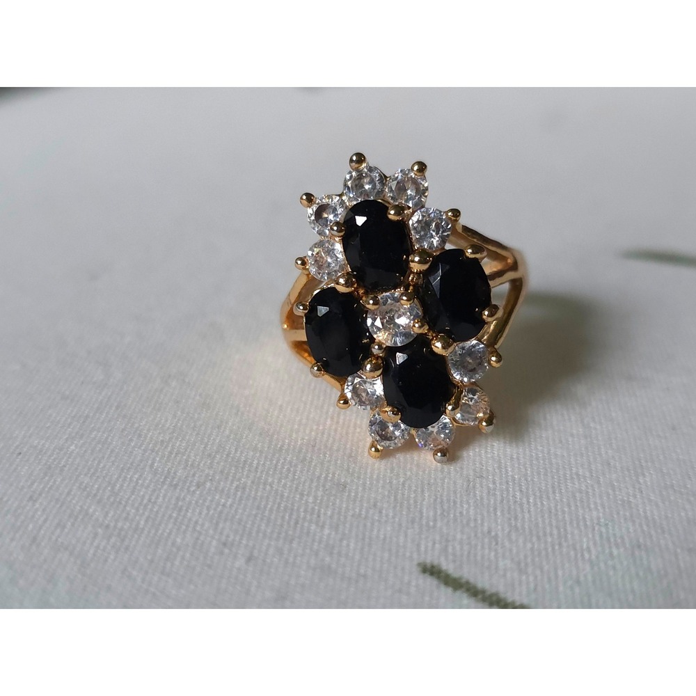 Vintage Gold Tone Black Onyx Style Crystal Cluster Statement Ring Size 8.5